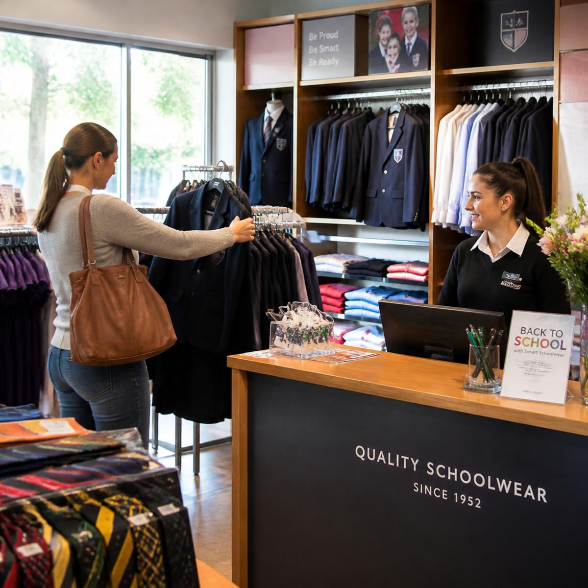 A retail store interior showing a customer browsing school uniforms while a female employee at the counter greets her. The store features racks of navy, white, and blue blazers, a wooden reception desk with the text 'QUALITY SCHOOLWEAR SINCE 1952', and a 'BACK TO SCHOOL' sign. Eazy Name Labels Trade Partner