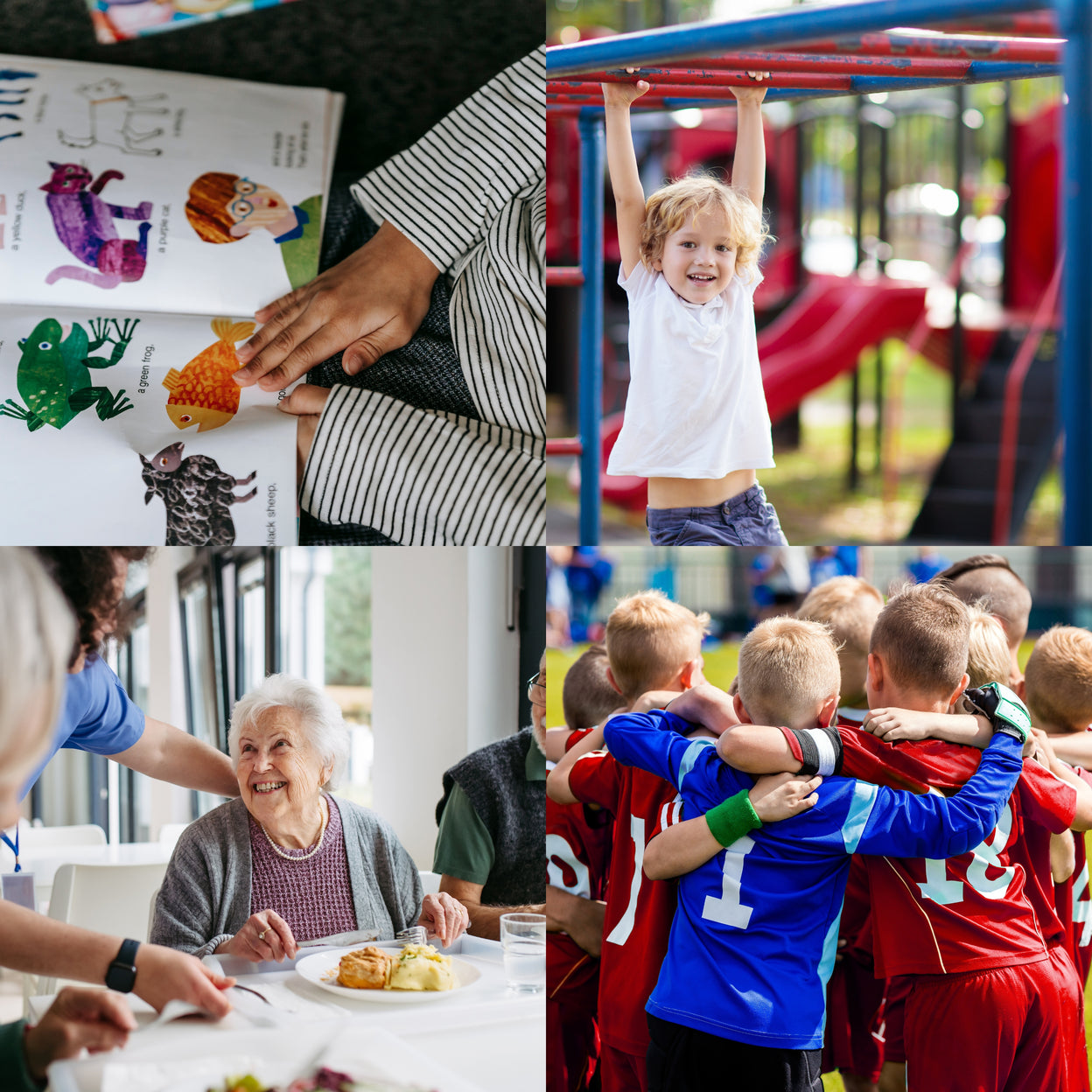 A four-panel collage showing everyday family and community scenes: an adult reading a children's picture book, a young child hanging from playground bars, an elderly woman smiling at a meal, and a group of children hugging on a sports field.