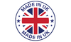 A circular badge featuring a red, white, and blue Union Jack flag with the text 'MADE IN THE UK' in white lettering. personalised name tag labels