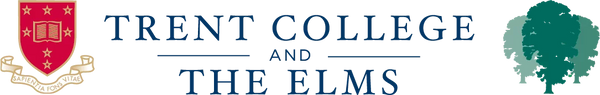Trent College and The Elms logo featuring a red and gold crest on the left, navy blue serif text in the center, and a green tree silhouette on the right, all on a white background.