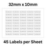 Small Personalised Name Labels 32mm x 10mm - 45 Per Sheet